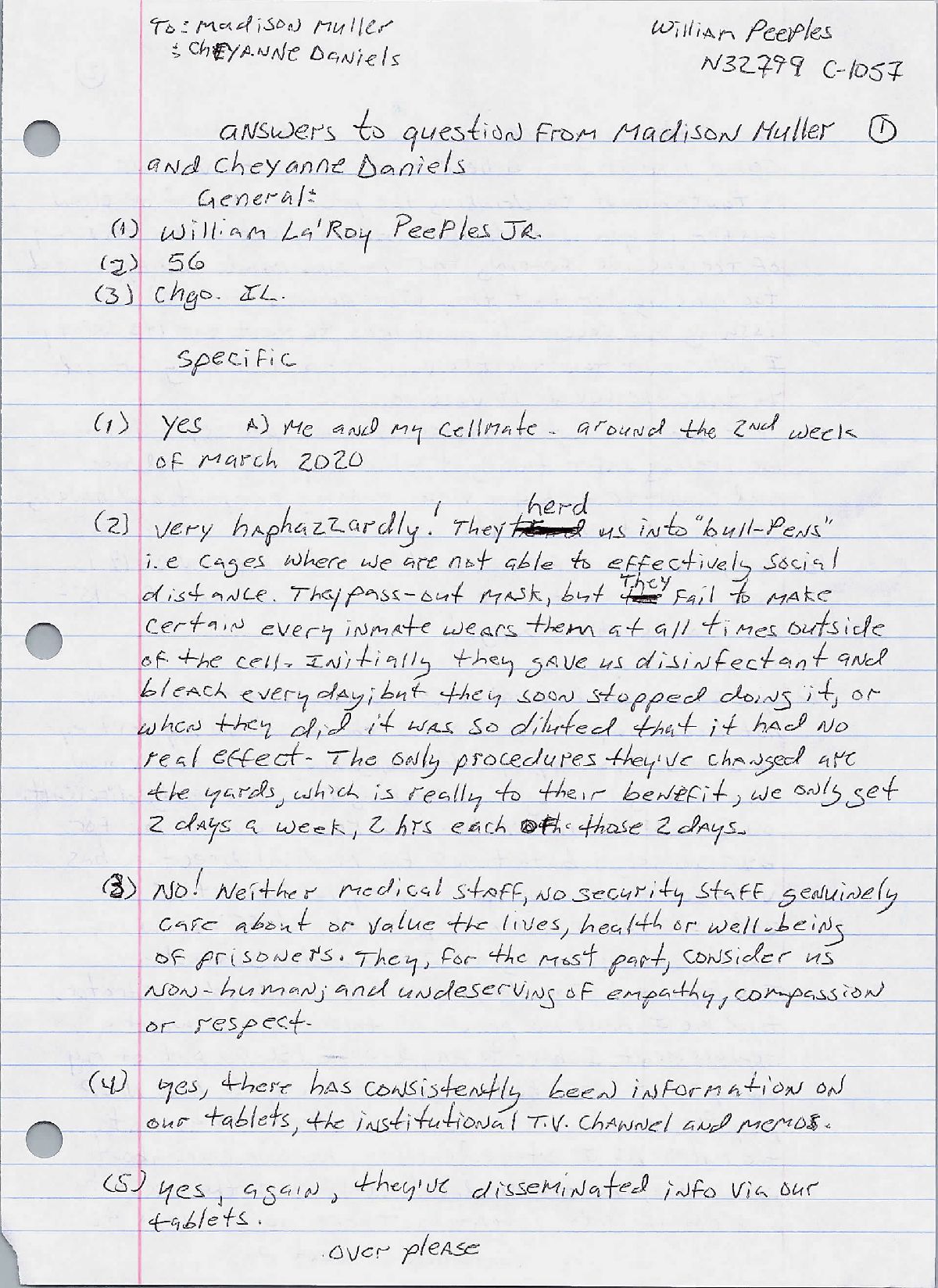 Handwritten letter on lined, white notebook paper by William La’Roy Peeples Jr.