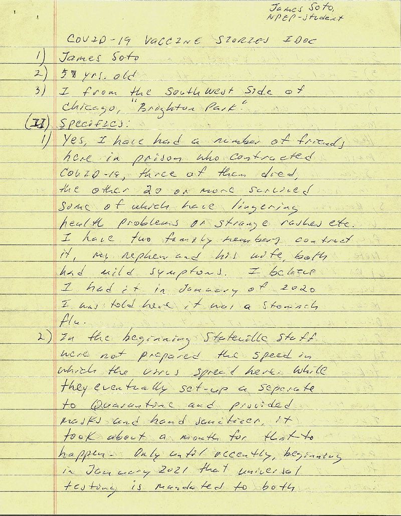 Page of letter written by James Soto