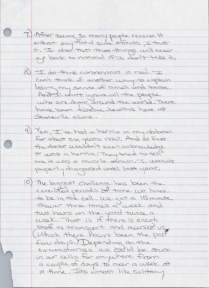 Page of letter written by Quayshaun Bailey