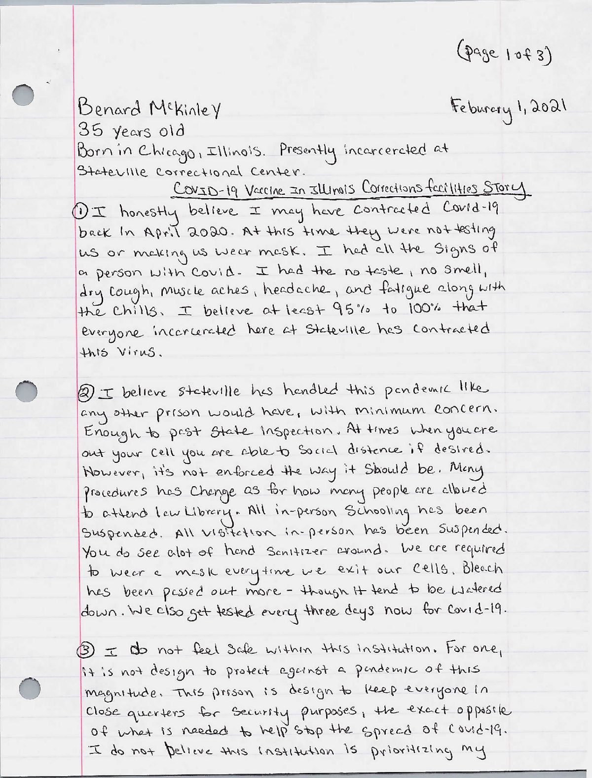 Handwritten letter on lined, white notebook paper by Benard McKinley